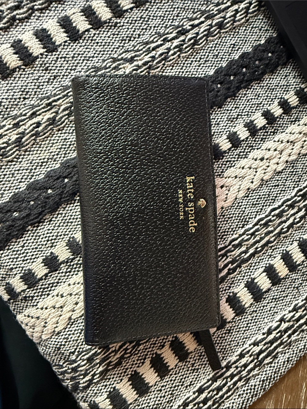 kate spade Black Pebbled Leather Zip Wallet with Gold Logo